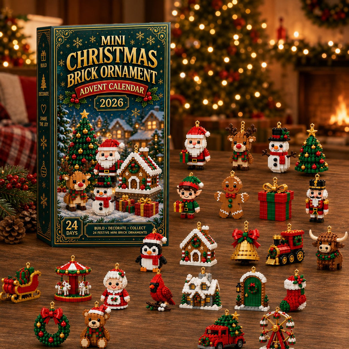 Complete set of 24 festive Christmas brick ornaments arranged around the green Advent calendar box