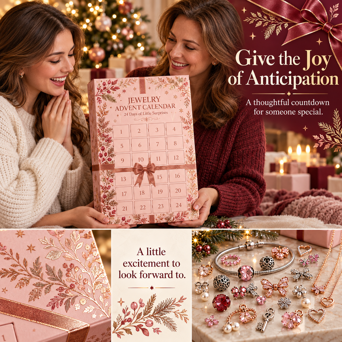 Two women enjoying a holiday gift moment with a blush-pink jewelry advent calendar and festive decorations