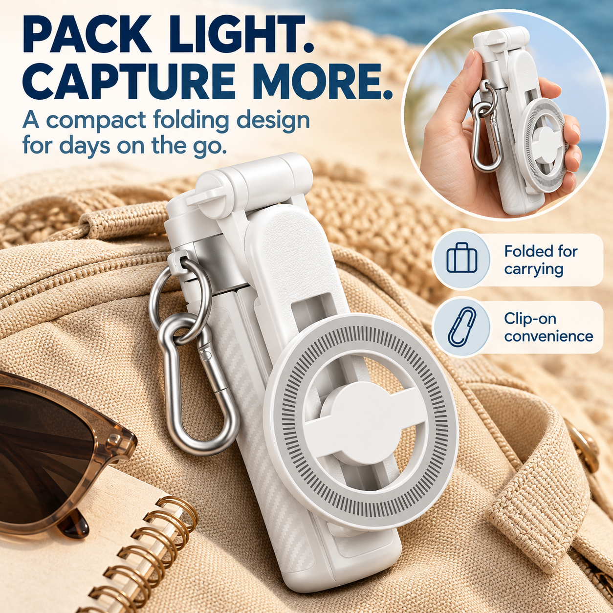 Compact folded selfie stick clipped to a bag