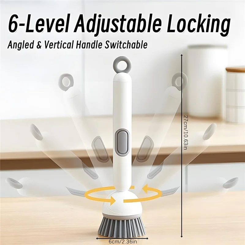 Illustration demonstrating six manually adjustable locking positions of the long-handle dish brush