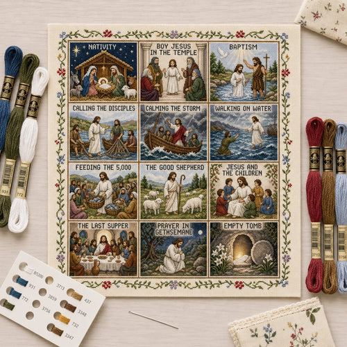 🔥HOT SALE🔥Beginner-Friendly Life of Jesus Bible Story Cross Stitch DIY Kit | 6 Biblical Collections with Fabric, Color-Matched Floss, Needle & Pattern Guide Included 💕
