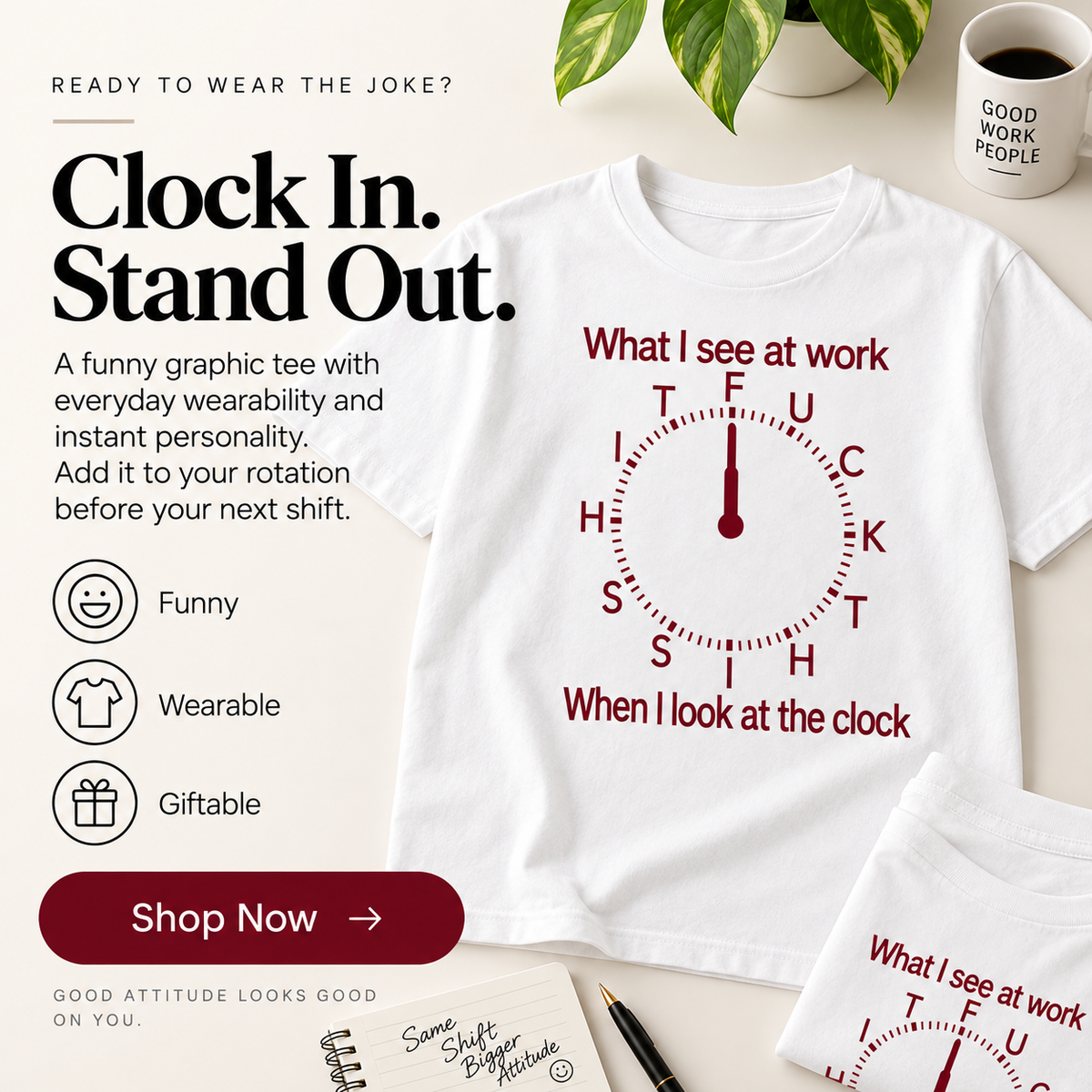 😂 ClockOut™ Office Humor T-Shirt – Funny Workday Graphic Tee for Coffee Breaks, Coworkers & Casual Days