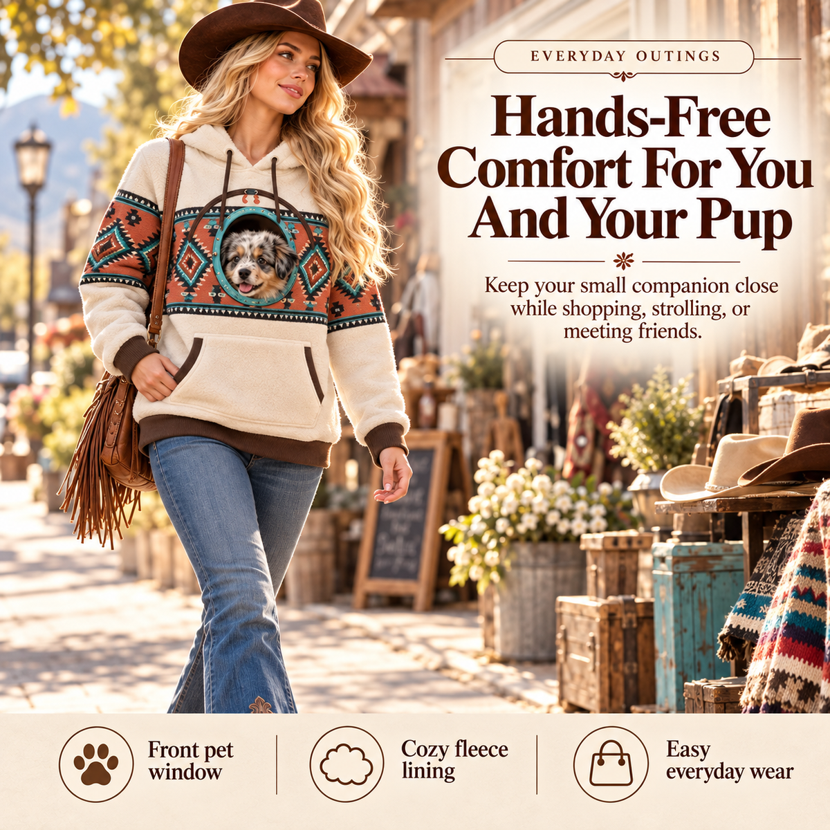 Western Pet Carrier Hoodie for Women, Cozy Hooded Sweatshirt with Built-In Pet Pouch & Viewing Window, Hands-Free Carrying Hoodie for Small Dogs, Cats & Puppies
