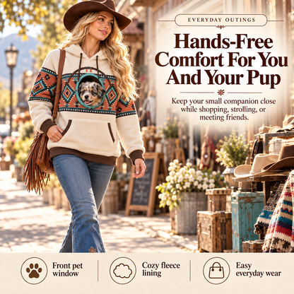 Western Pet Carrier Hoodie for Women, Cozy Hooded Sweatshirt with Built-In Pet Pouch & Viewing Window, Hands-Free Carrying Hoodie for Small Dogs, Cats & Puppies