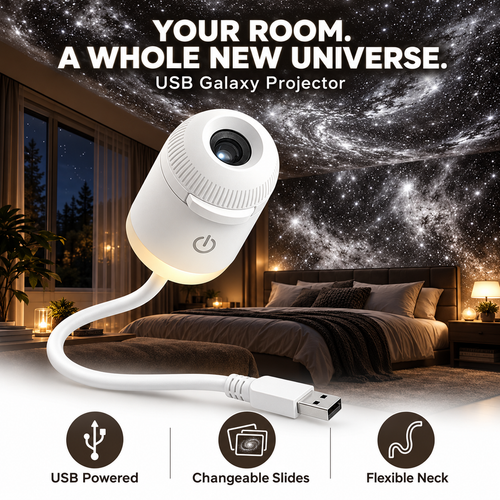 🌌 GalaxyGlow™ USB Star Projector – Changeable Slides & Flexible Neck