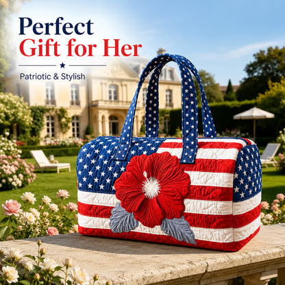 🔥Limited time 49% OFF 🇺🇸🧵 Handcrafted Patriotic Quilted Tote Bag – 3D Floral American Flag Travel Duffel
