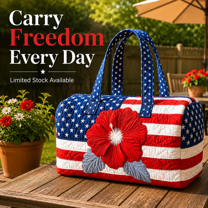 🔥Limited time 49% OFF 🇺🇸🧵 Handcrafted Patriotic Quilted Tote Bag – 3D Floral American Flag Travel Duffel
