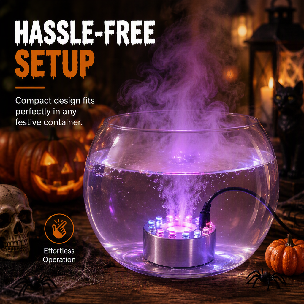Compact 12 LED water mist maker producing purple fog in a clear decorative bowl