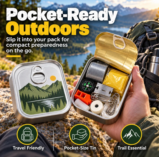 Pocket Survival Kit, Compact Emergency Essentials Tin with Multi-Tool Accessories, Mini Outdoor Preparedness Kit for Camping, Hiking, Travel, Backpacking & Everyday Carr