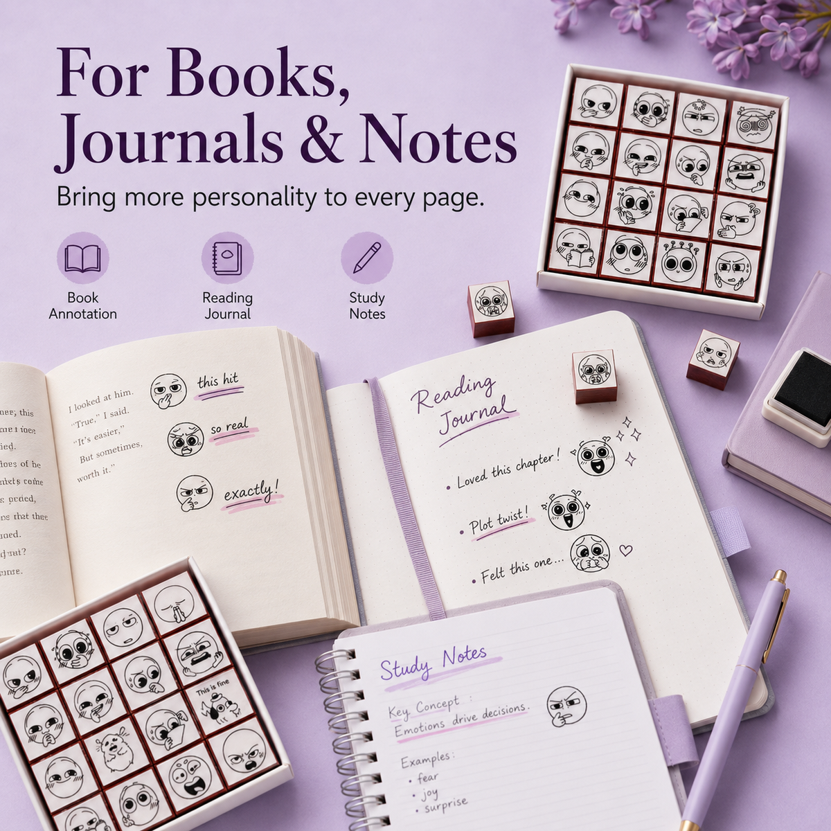 📚 BookMood™ Reaction Stamp Set – Cute Annotation Stamps for Readers & Journaling