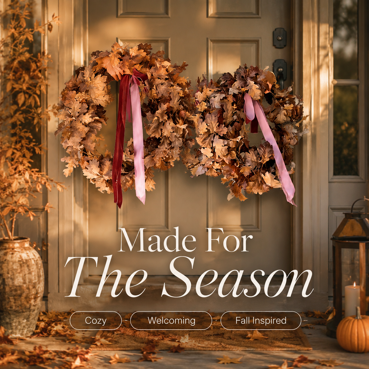 🍂 Set of 2 Autumn Leaf Wreaths With Ribbon – Fall Door Decor for Porch, Entryway & Home