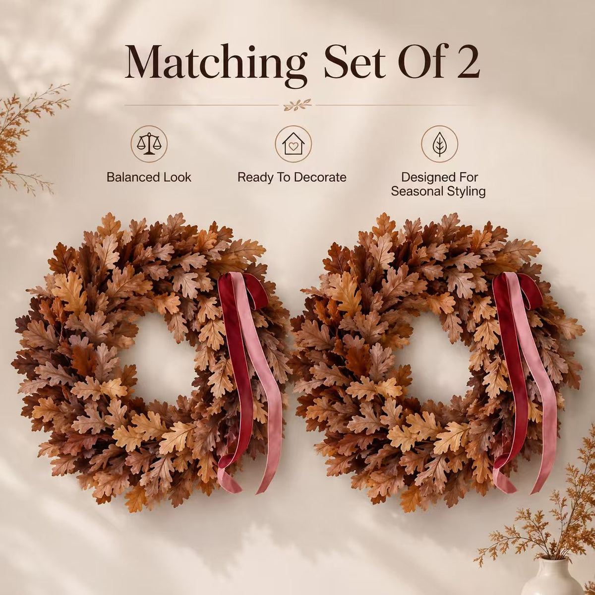 🍂 Set of 2 Autumn Leaf Wreaths With Ribbon – Fall Door Decor for Porch, Entryway & Home