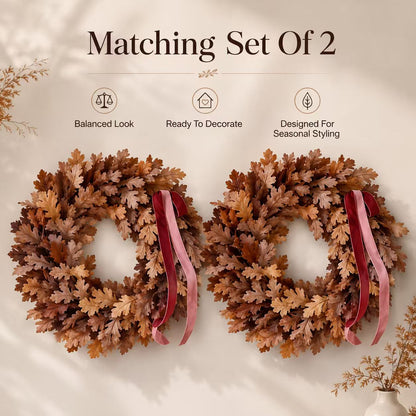 🍂 Set of 2 Autumn Leaf Wreaths With Ribbon – Fall Door Decor for Porch, Entryway & Home
