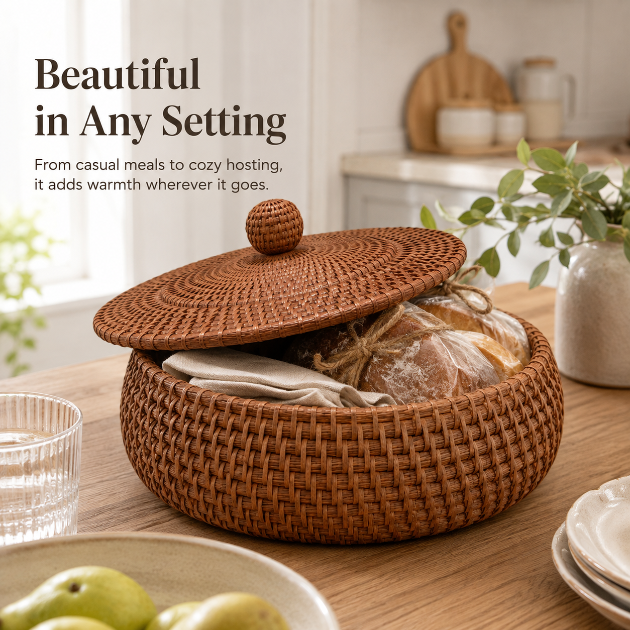 Woven tortilla basket with lid – Round covered bread & serving basket for tacos, flatbreads, rolls, brunch & dining table décor