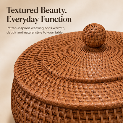 Woven tortilla basket with lid – Round covered bread & serving basket for tacos, flatbreads, rolls, brunch & dining table décor