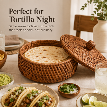 Woven tortilla basket with lid – Round covered bread & serving basket for tacos, flatbreads, rolls, brunch & dining table décor