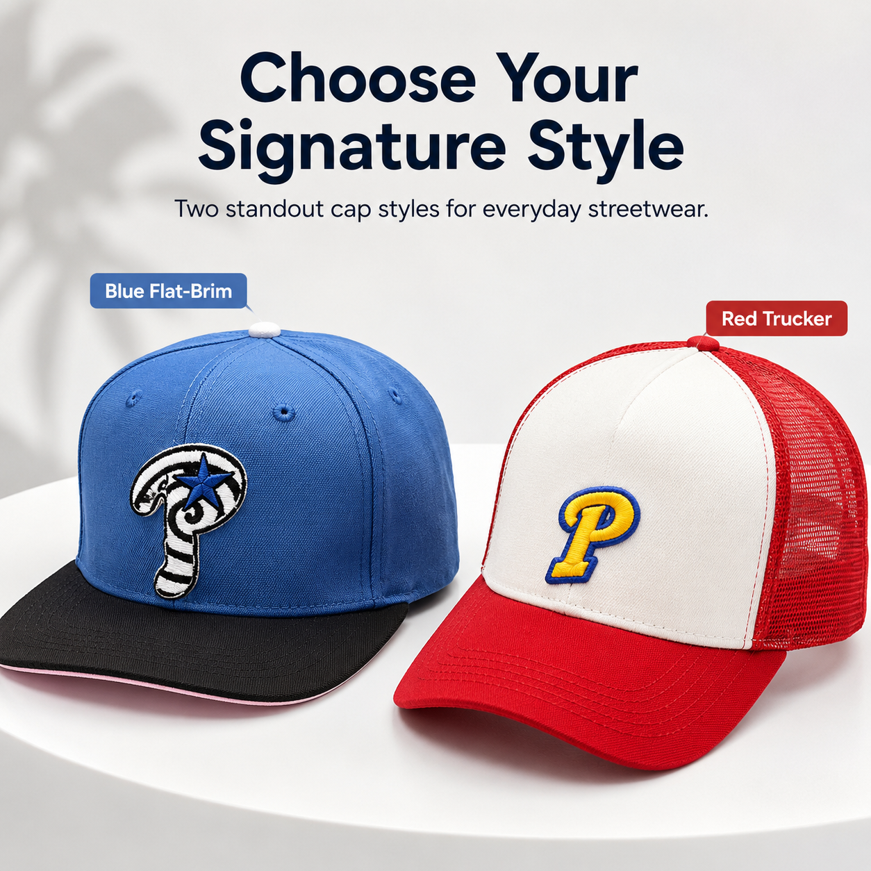 Embroidered Streetwear Cap – Blue Flat-Brim & Red Trucker Style