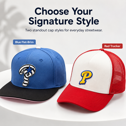Embroidered Streetwear Cap – Blue Flat-Brim & Red Trucker Style
