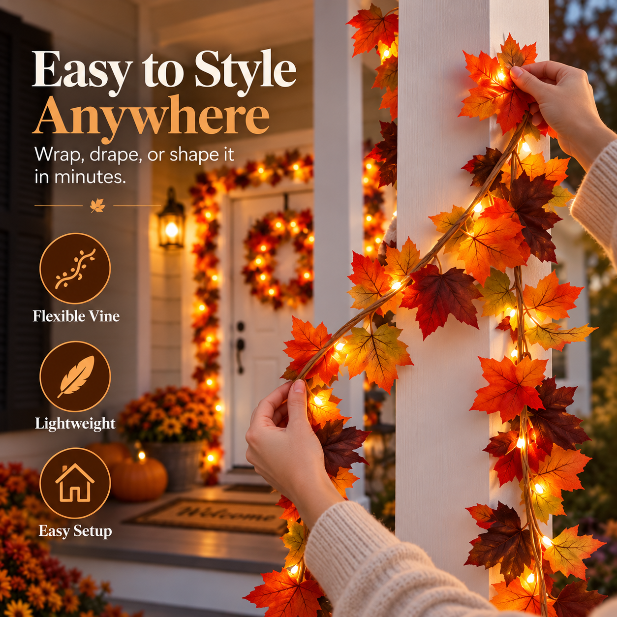 Lighted Maple Leaf Garland – Warm LED Fall Decor for Porch, Door & Mantel