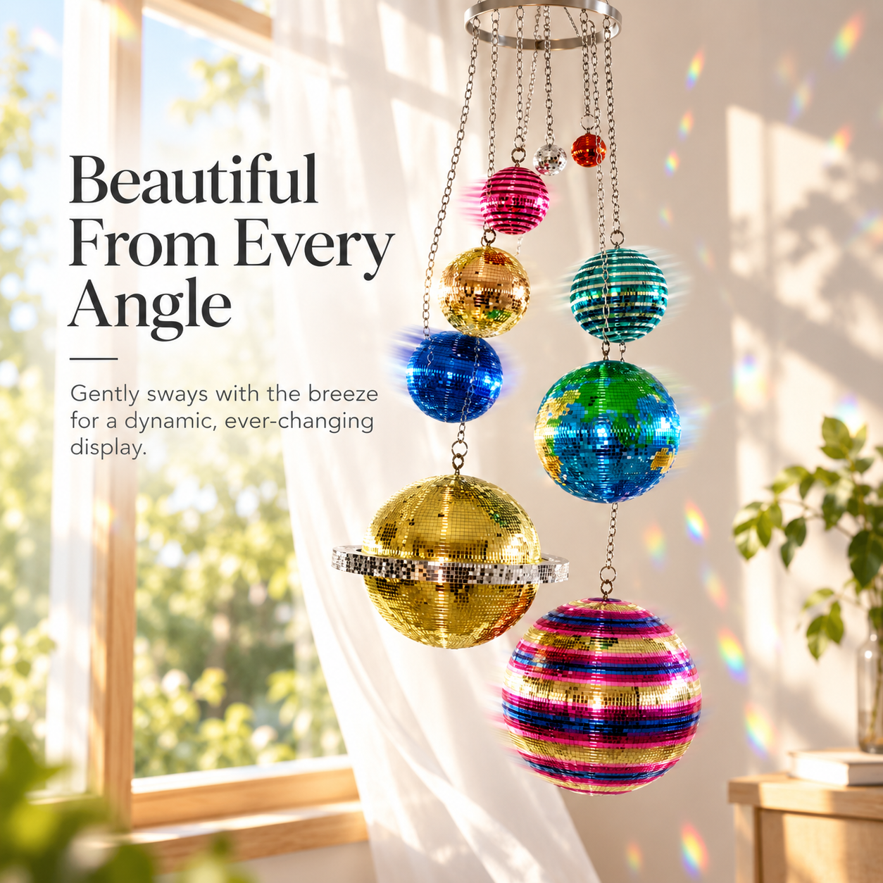 Solar System Disco Ball Hanging Mobile – Colorful Reflective Celestial Room Decor