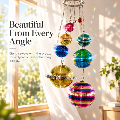 Solar System Disco Ball Hanging Mobile – Colorful Reflective Celestial Room Decor