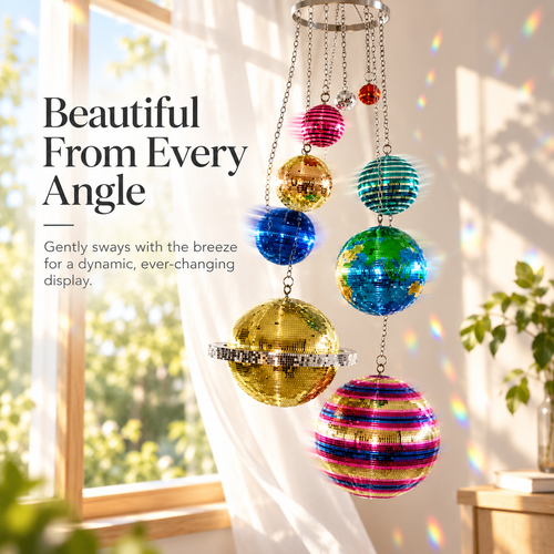 Solar System Disco Ball Hanging Mobile – Colorful Reflective Celestial Room Decor