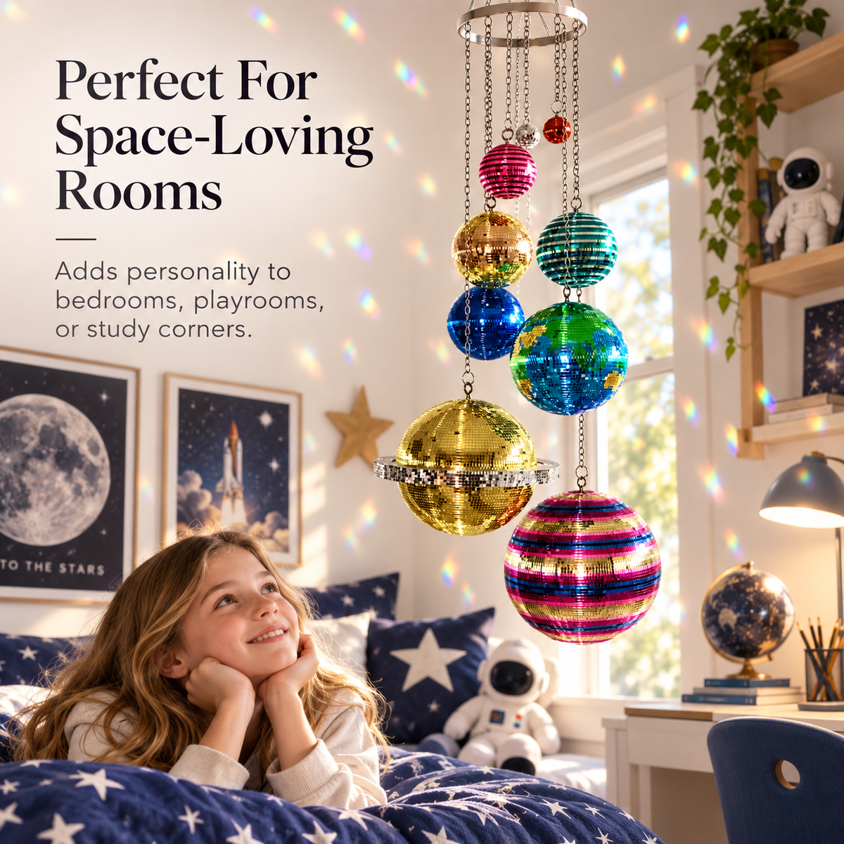 Solar System Disco Ball Hanging Mobile – Colorful Reflective Celestial Room Decor