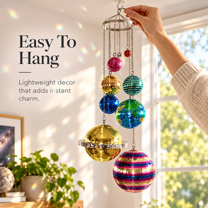 Solar System Disco Ball Hanging Mobile – Colorful Reflective Celestial Room Decor