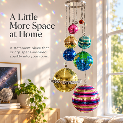 Solar System Disco Ball Hanging Mobile – Colorful Reflective Celestial Room Decor