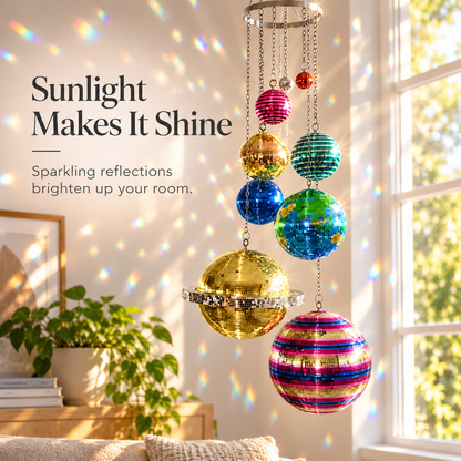 Solar System Disco Ball Hanging Mobile – Colorful Reflective Celestial Room Decor