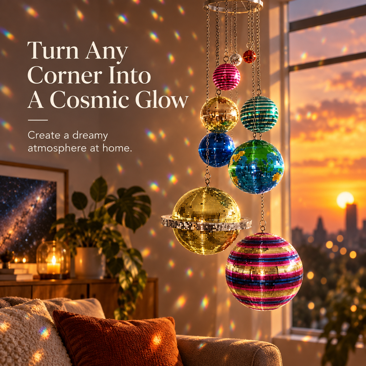 Solar System Disco Ball Hanging Mobile – Colorful Reflective Celestial Room Decor