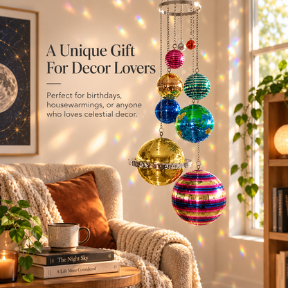 Solar System Disco Ball Hanging Mobile – Colorful Reflective Celestial Room Decor