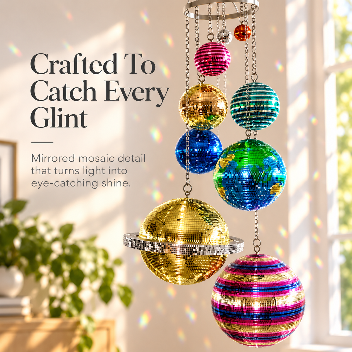 Solar System Disco Ball Hanging Mobile – Colorful Reflective Celestial Room Decor