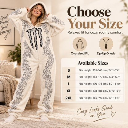 Oversized Plush Claw Graphic Hooded Onesie – Unisex Cozy Zip-Up Jumpsuit