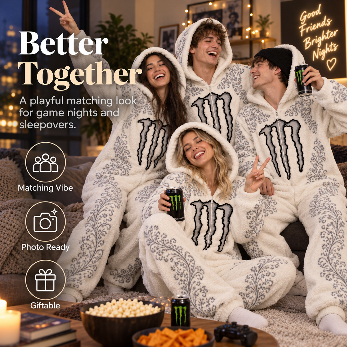Oversized Plush Claw Graphic Hooded Onesie – Unisex Cozy Zip-Up Jumpsuit