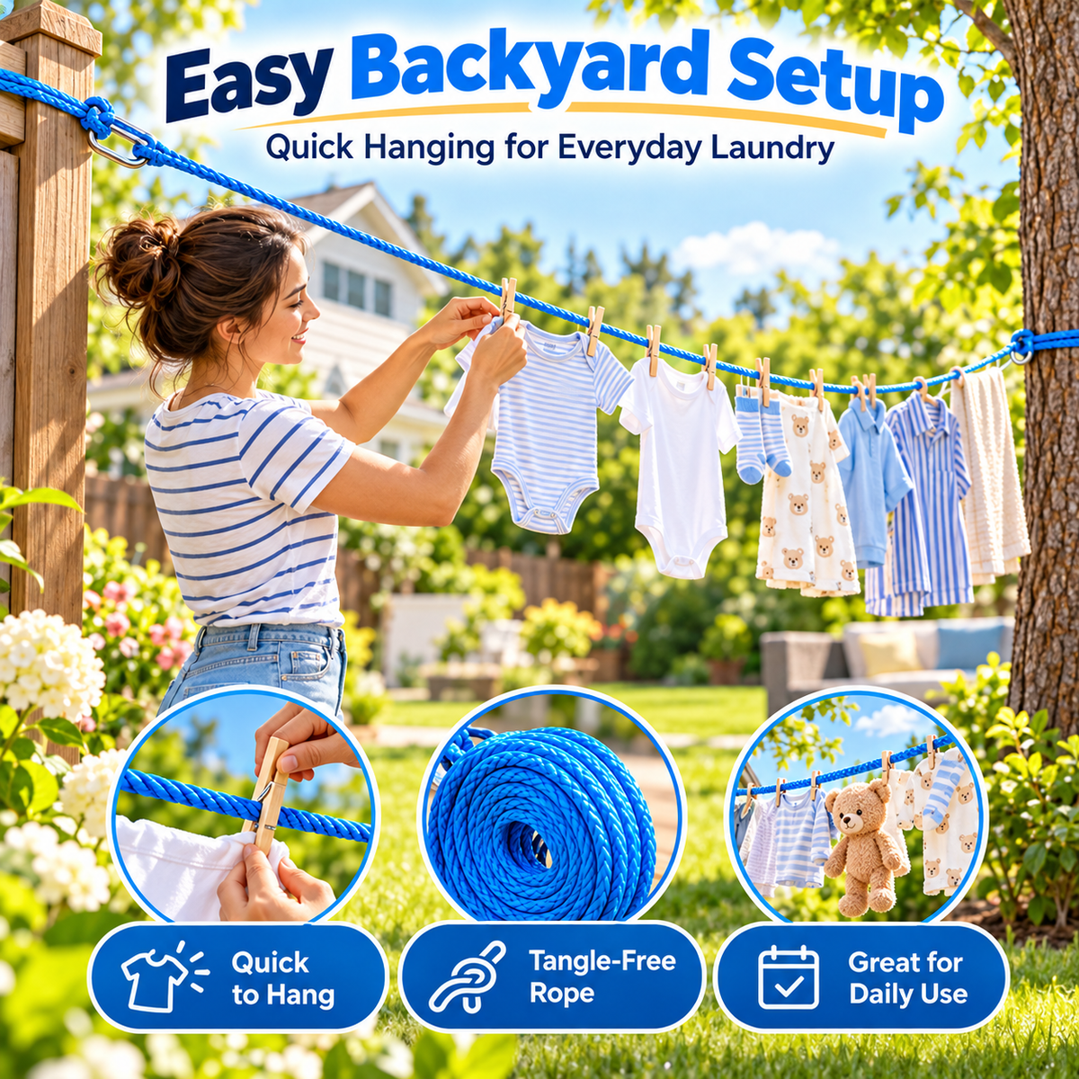 Woman hanging small garments and baby clothes on a blue portable clothesline between a backyard post and tree