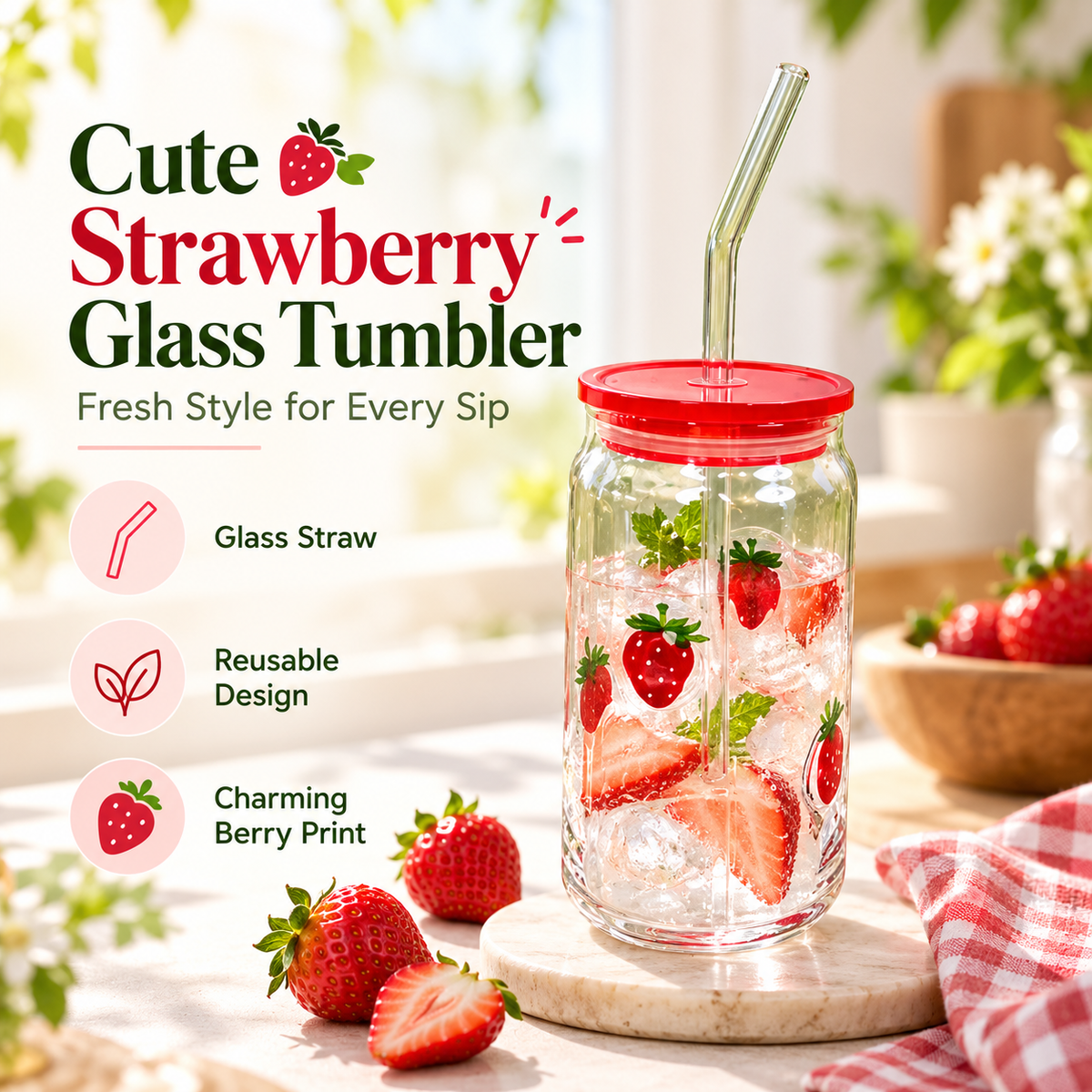 Glass Tumbler with Lid and Straw, Reusable Clear Drinking Cup for Iced Coffee, Juice, Tea, Smoothies & Cold Beverages, Aesthetic Everyday Cup