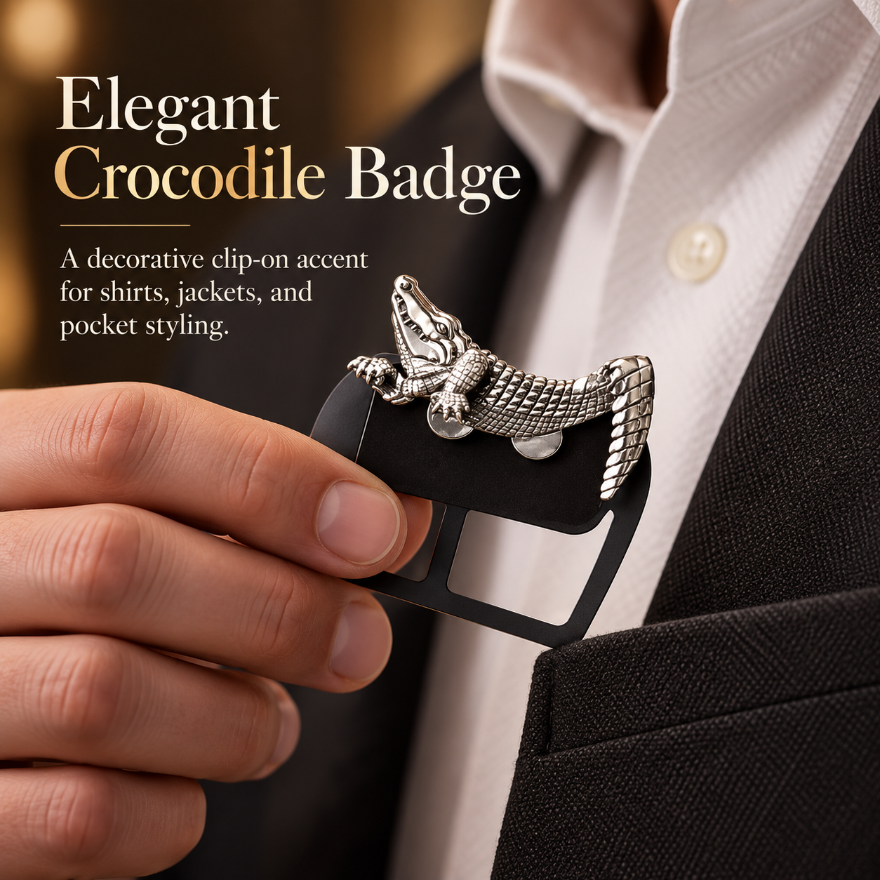 Crocodile pocket accessory being positioned on a suit
