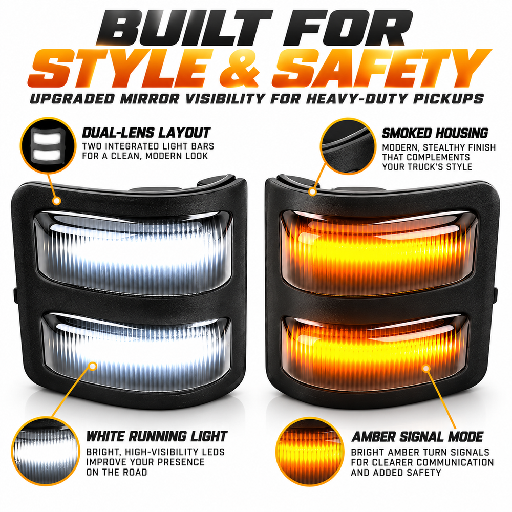 Product detail showing smoked lenses, dual light sections and white and amber modes