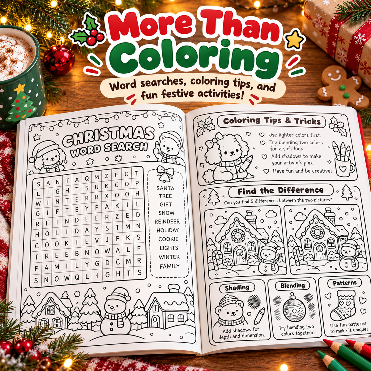 CozyColor Christmas word search find-the-difference and coloring tips activities