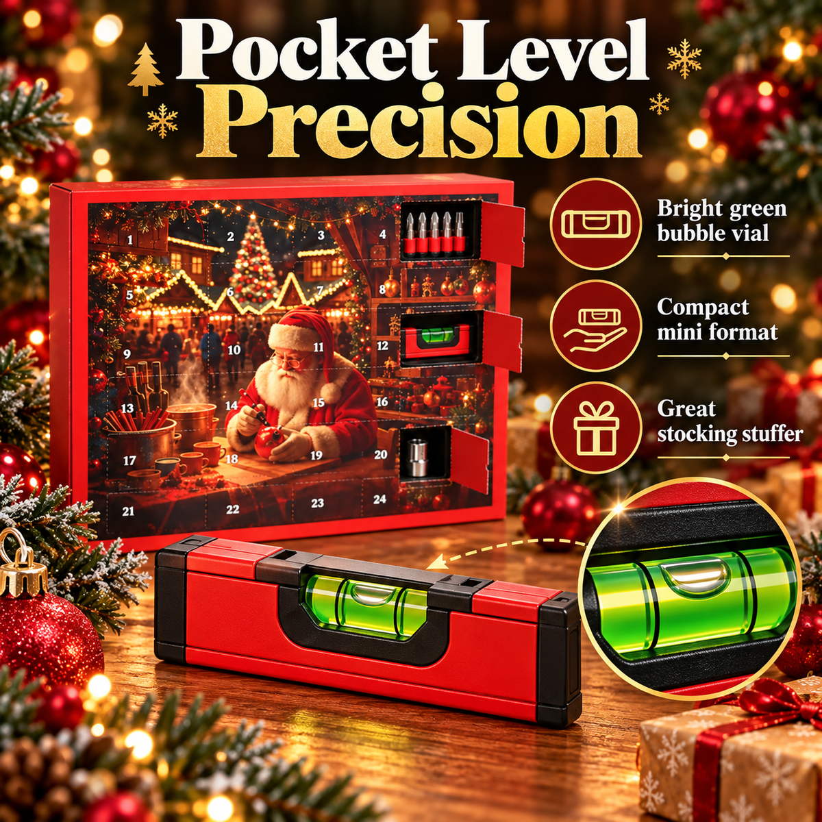 Close-up of miniature red-and-black bubble level with green vial displayed in front of a Christmas tool advent calendar
