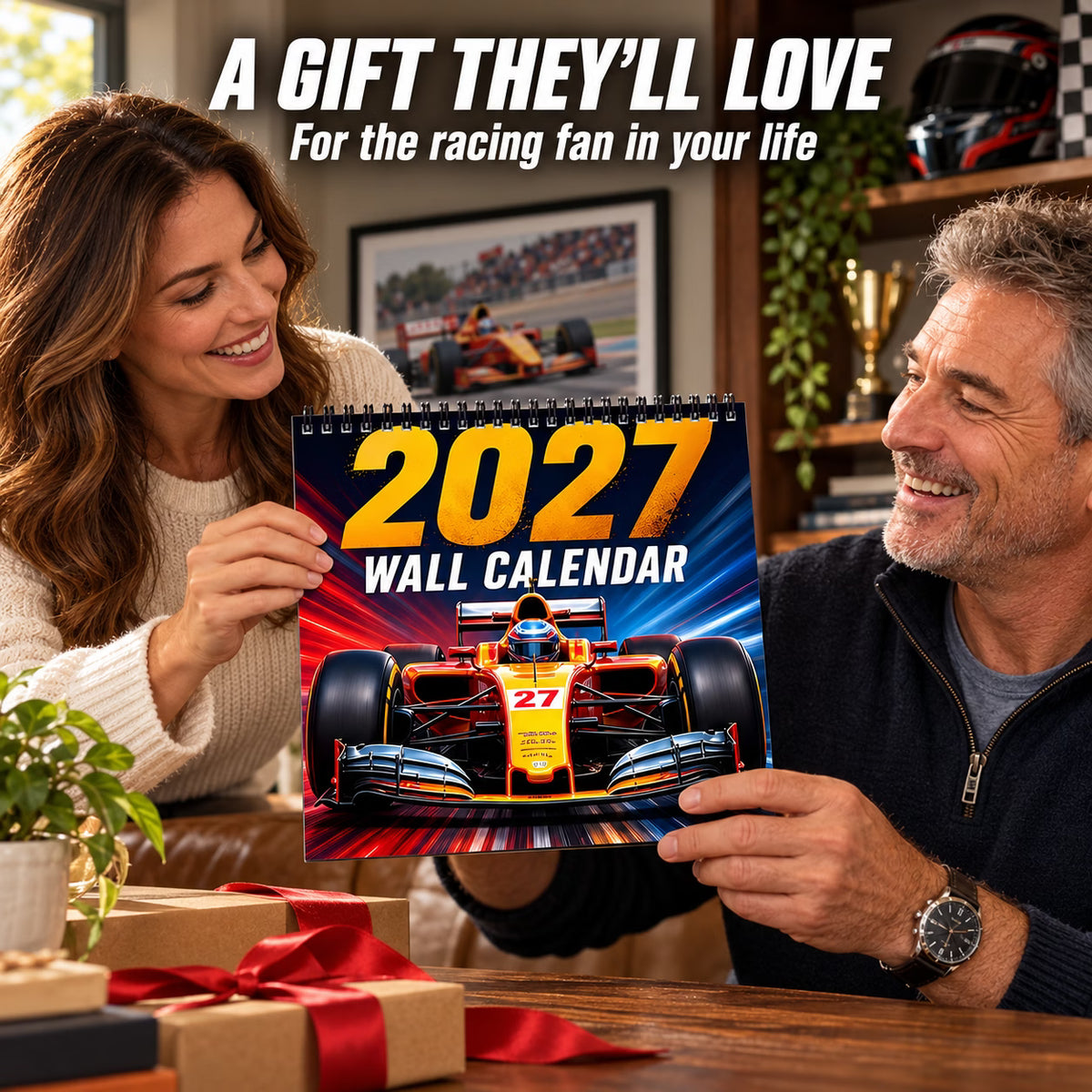 Woman presenting the 2027 racing wall calendar as a gift to a smiling motorsport fan