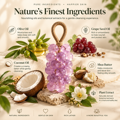 Handmade Grape Soap On a Rope - Natural Gentle Plant-Based Cleanser, Decorative Interesting Shape, Daily Body Care for Adults, Ideal Gift