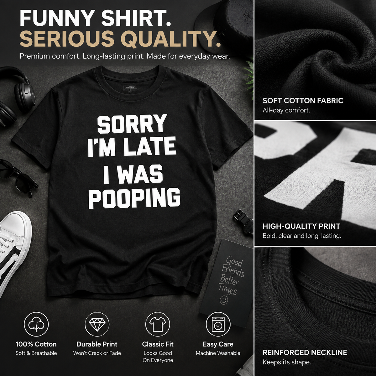 Men's Funny Pooping Graphic Tee - Sarcastic 'Sorry I'm Late' Digital Print, 100% Cotton Casual Short-Sleeve Round Neck Lightweight Loose-Fit Streetwear, Humorous Gift for Him,sohochic
