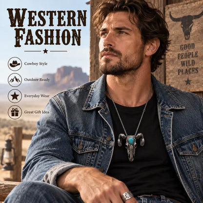 Western Skull Pendant Necklace & Belt Clip, Ram Horn and Deer Designs, Silver & Gold Tone with Turquoise-Style Accent, Cowboy Statement Jewelry Gift