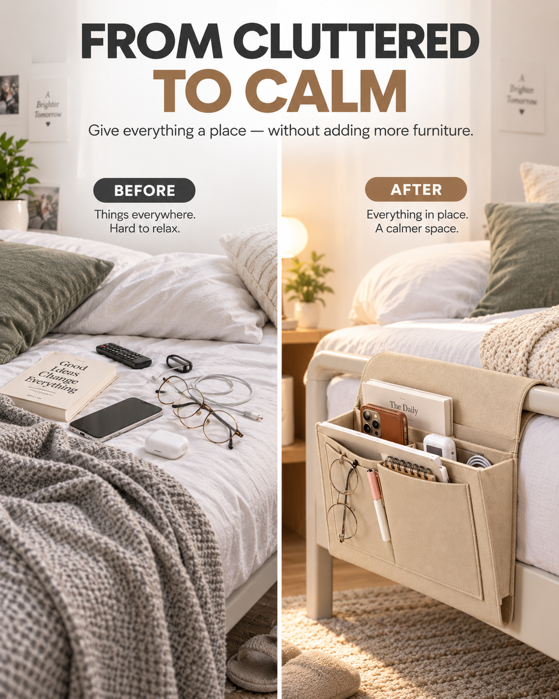 BedEase™ Hanging Bedside Organizer – Multi-Pocket Bed Caddy for Phone, Books & Nighttime Essentials