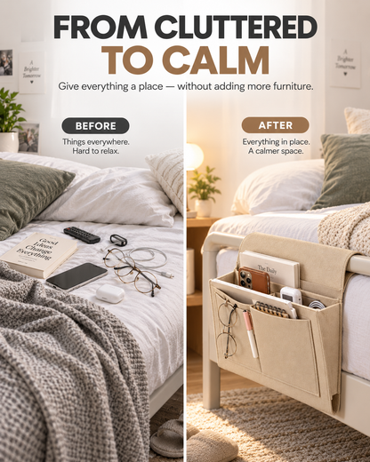 BedEase™ Hanging Bedside Organizer – Multi-Pocket Bed Caddy for Phone, Books & Nighttime Essentials