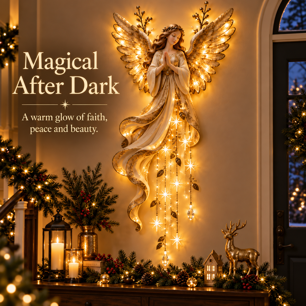 Christmas Angel Wall Light Decor, Warm LED Lighted Angel with Hanging Star Lights, Elegant Holiday Wall Decoration for Home, Living Room, Bedroom & Entryway