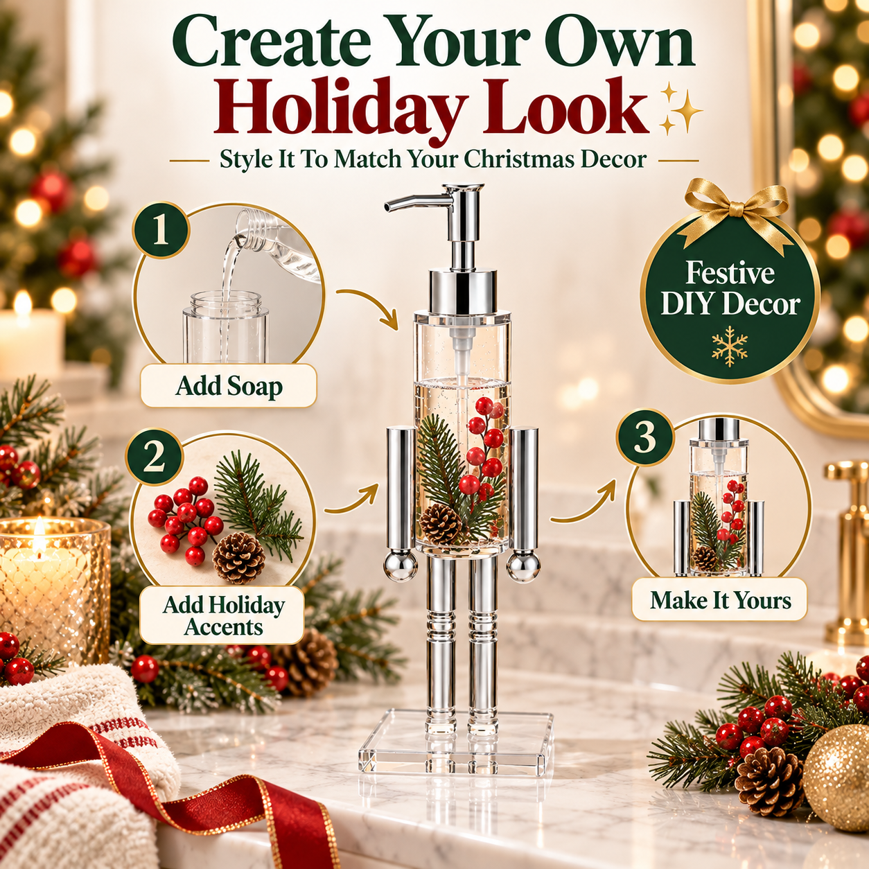 Creating a personalized Christmas look inside a clear nutcracker-inspired soap dispenser