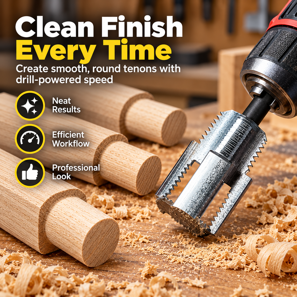 Woodworking Tenon Cutter for Drill, Round Tenon Maker Attachment with Sharp Steel Teeth, Easy-Use Log & Dowel Shaping Tool for Furniture Making, DIY Woodworking & Carpentry